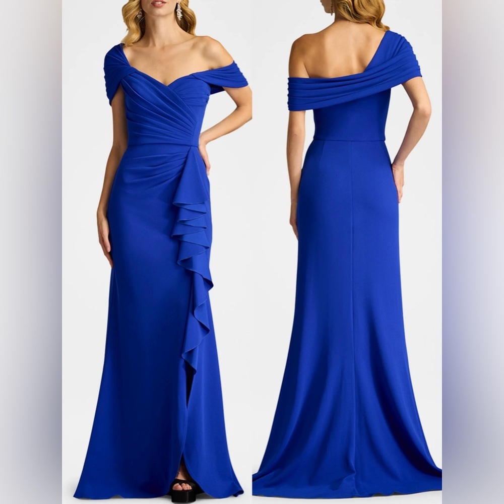 NEW TADASHI SHOJ DREA Waterfall Pleated flounce BOS24107L-MSTBL gown Blue sz M